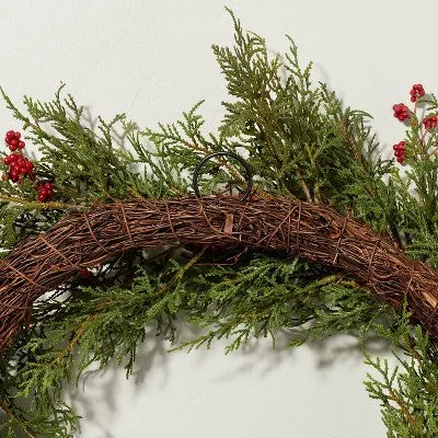 26" Faux Cedar & Winterberry Christmas Wreath with Pinecones - Hearth & Hand with Magnolia