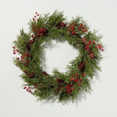 26" Faux Cedar & Winterberry Christmas Wreath with Pinecones - Hearth & Hand with Magnolia