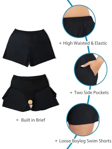 Aderea Women's Plus Size Swim Shorts Tummy Control Black Bathing Suits Bottoms High Waisted Swimsuit Boyleg Trunks with Pockets