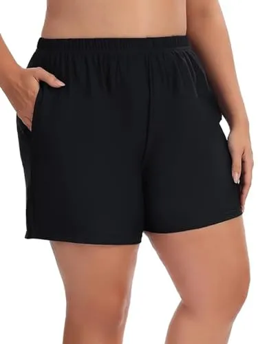 Aderea Women's Plus Size Swim Shorts Tummy Control Black Bathing Suits Bottoms High Waisted Swimsuit Boyleg Trunks with Pockets