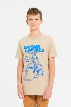 Beige Captain America Short Sleeve T-Shirt With Puff Print