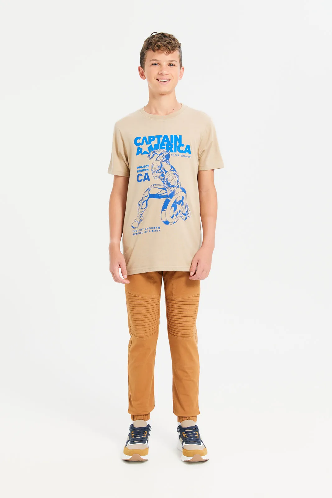 Beige Captain America Short Sleeve T-Shirt With Puff Print