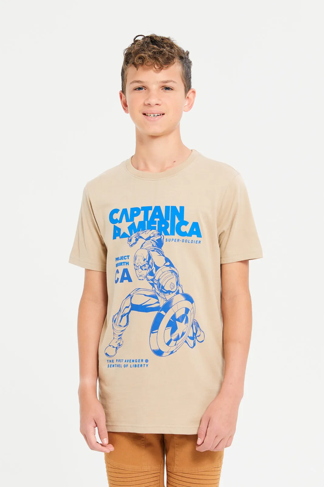 Beige Captain America Short Sleeve T-Shirt With Puff Print