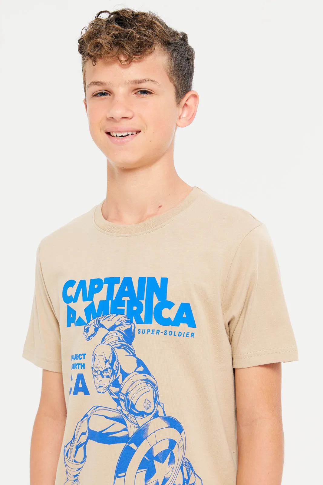 Beige Captain America Short Sleeve T-Shirt With Puff Print