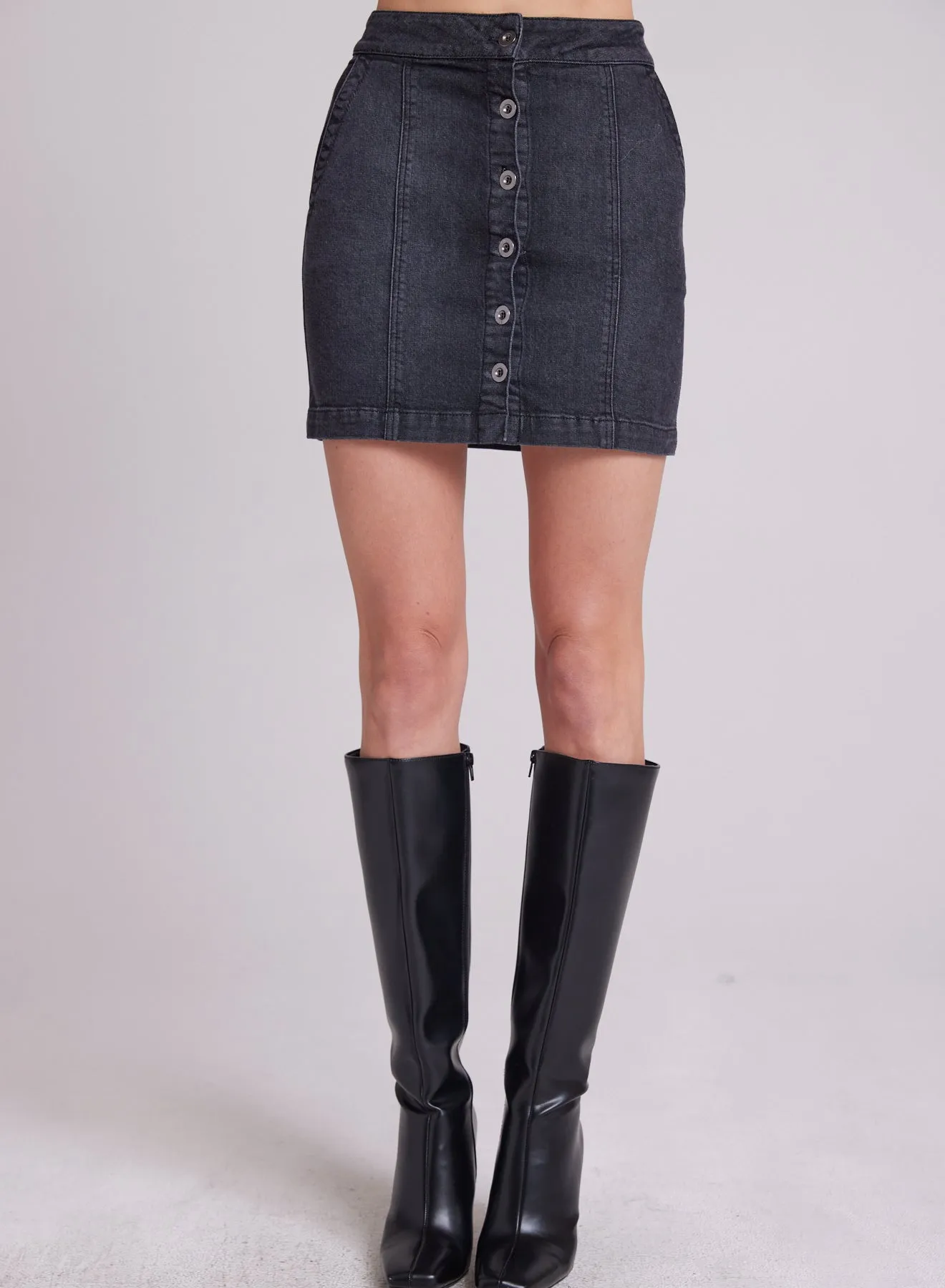 Bella Button Mini Skirt - Silver Steel Wash