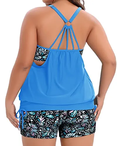 Blouson Tankini Top Two Piece Plus Size Women Tummy Control Bathing Suit-Blue Floral