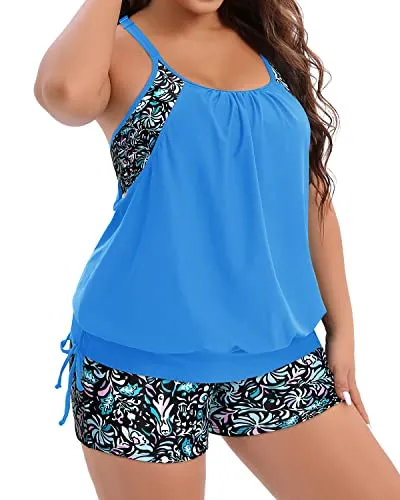 Blouson Tankini Top Two Piece Plus Size Women Tummy Control Bathing Suit-Blue Floral