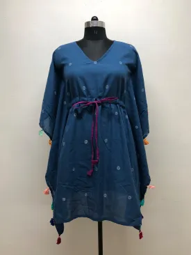 Blue Jamdani Kaftan Dress with Tassels