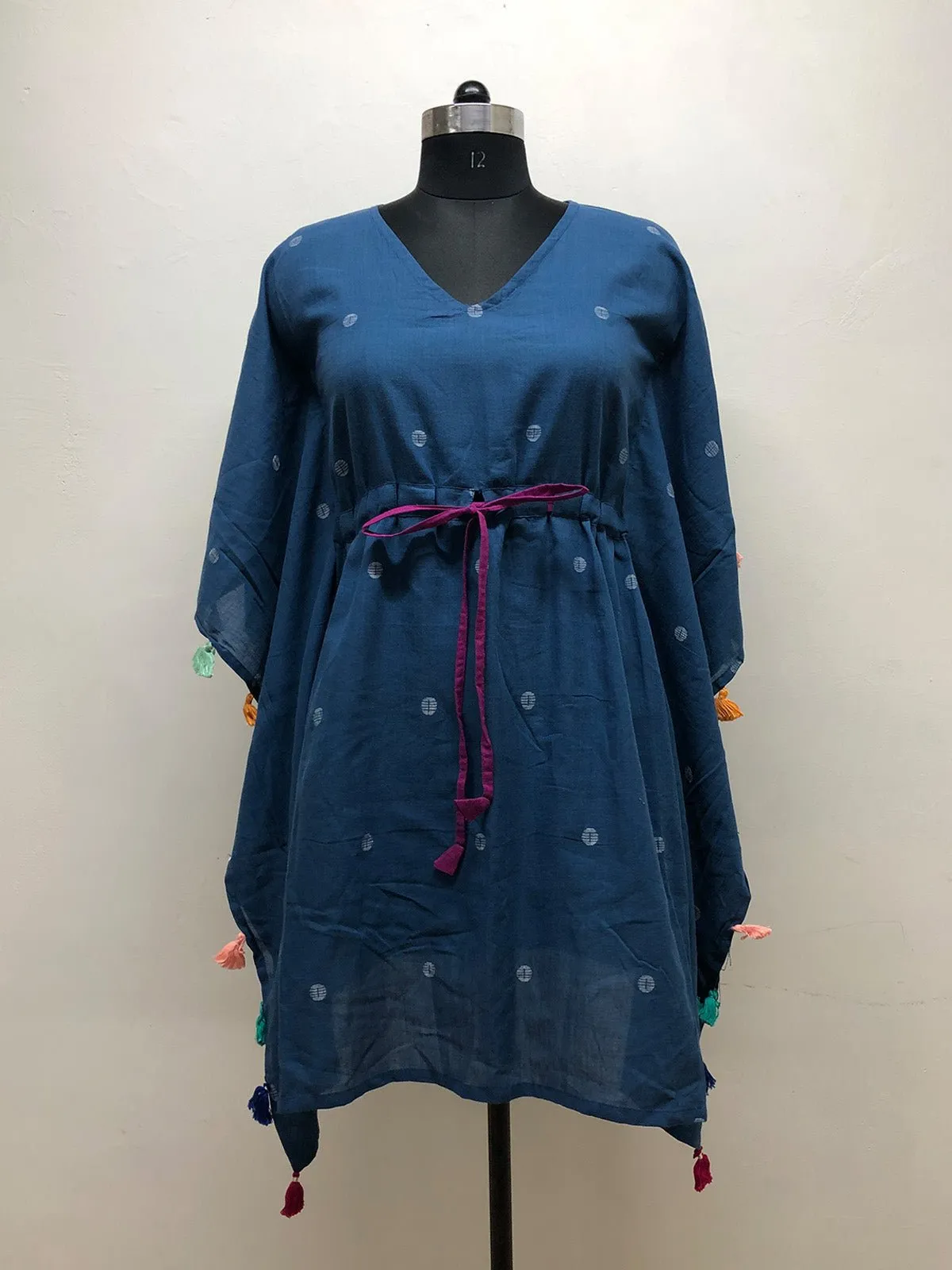 Blue Jamdani Kaftan Dress with Tassels
