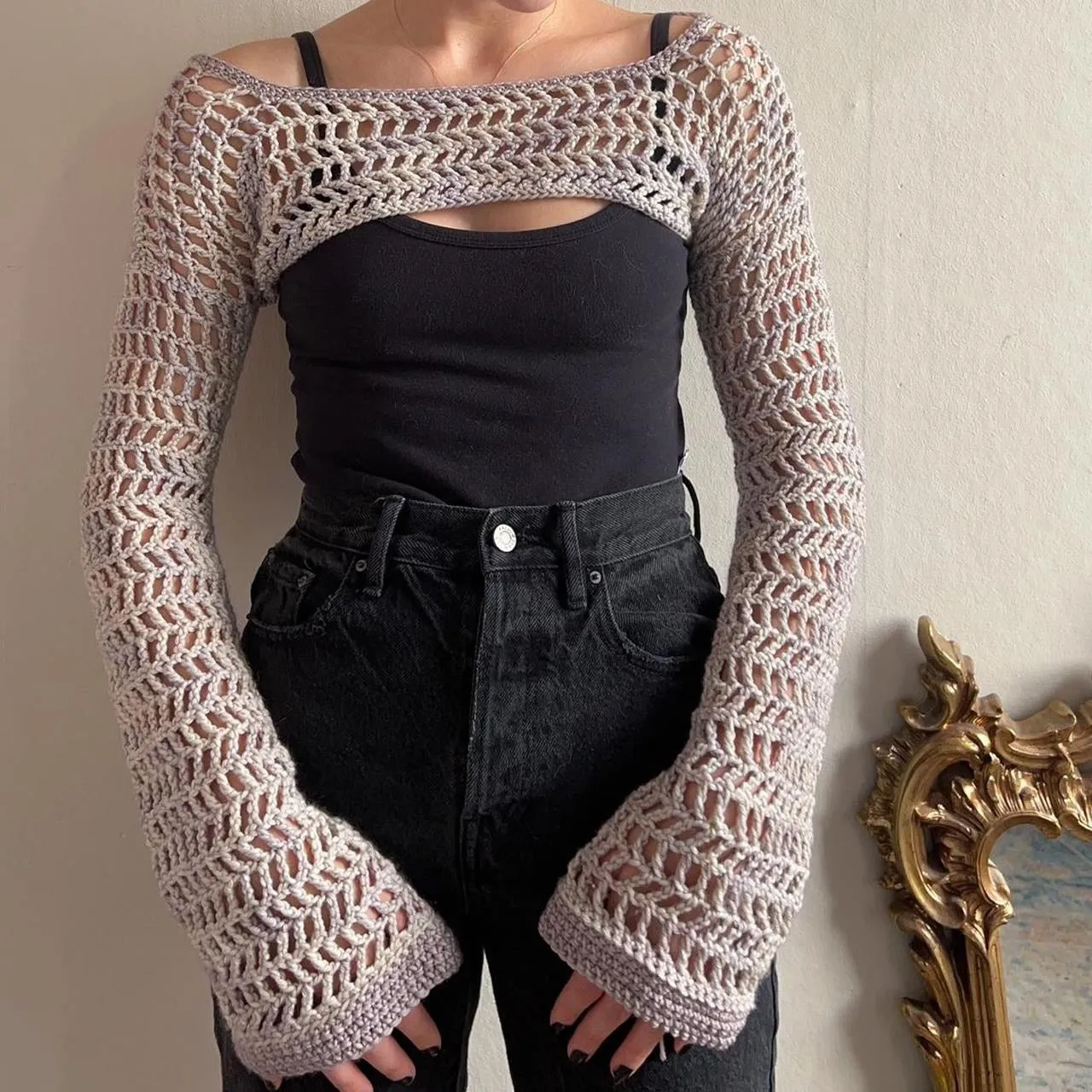 Bonnyshow Y2k Hollow Out Crop Tops Crochet Net Short Pullovers Women Knit Long Sleeve Streetwear Aesthetic Cover Up T-Shirts