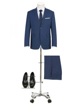 BUILD YOUR PACKAGE: Blue Stretch Trim Fit Suit (Package Includes 2 Pc Suit, Shirt, Necktie or Bow Tie, Matching Pocket Square, & Shoes)