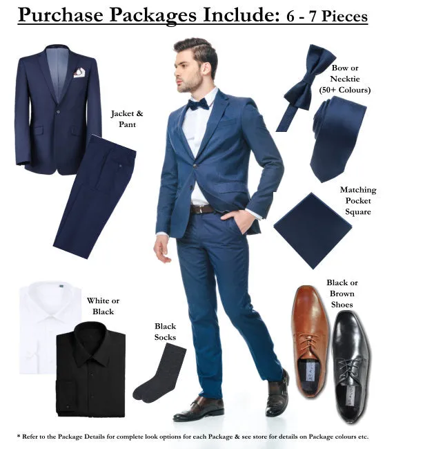 BUILD YOUR PACKAGE: Blue Stretch Trim Fit Suit (Package Includes 2 Pc Suit, Shirt, Necktie or Bow Tie, Matching Pocket Square, & Shoes)