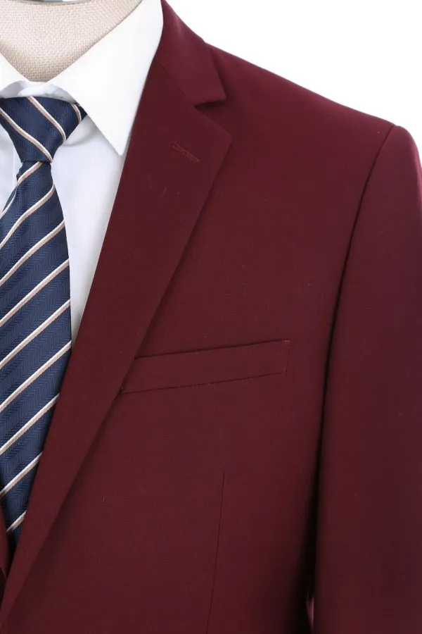 BUILD YOUR PACKAGE: Burgundy Slim Fit Suit (Package Includes 2 Pc Suit, Shirt, Necktie or Bow Tie, Matching Pocket Square, & Shoes)