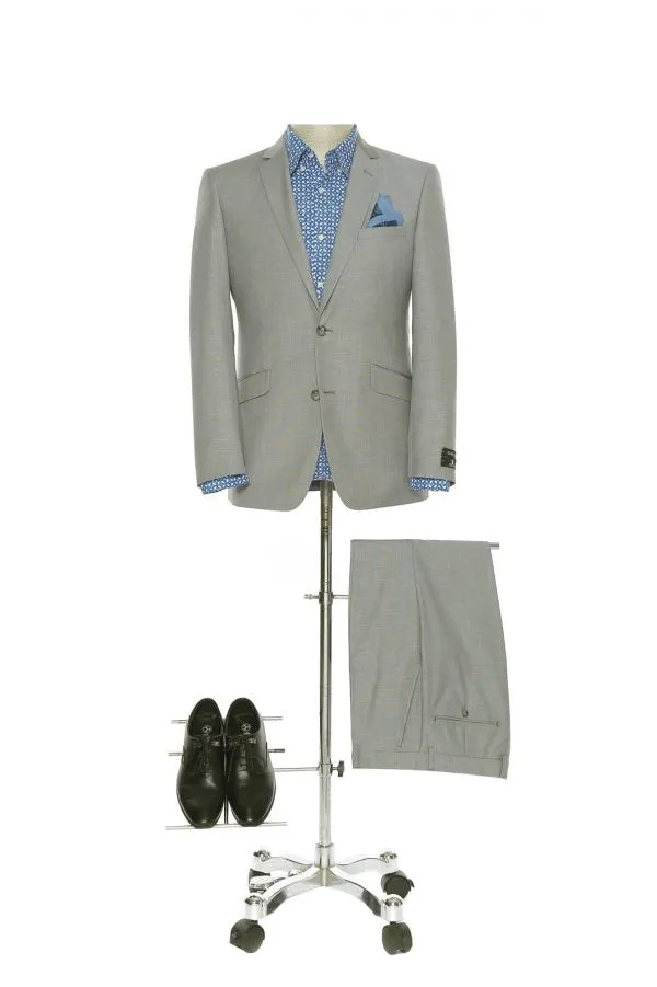 BUILD YOUR PACKAGE: Grey Slim Fit Suit (Package Includes 2 Pc Suit, Shirt, Necktie or Bow Tie, Matching Pocket Square, & Shoes)