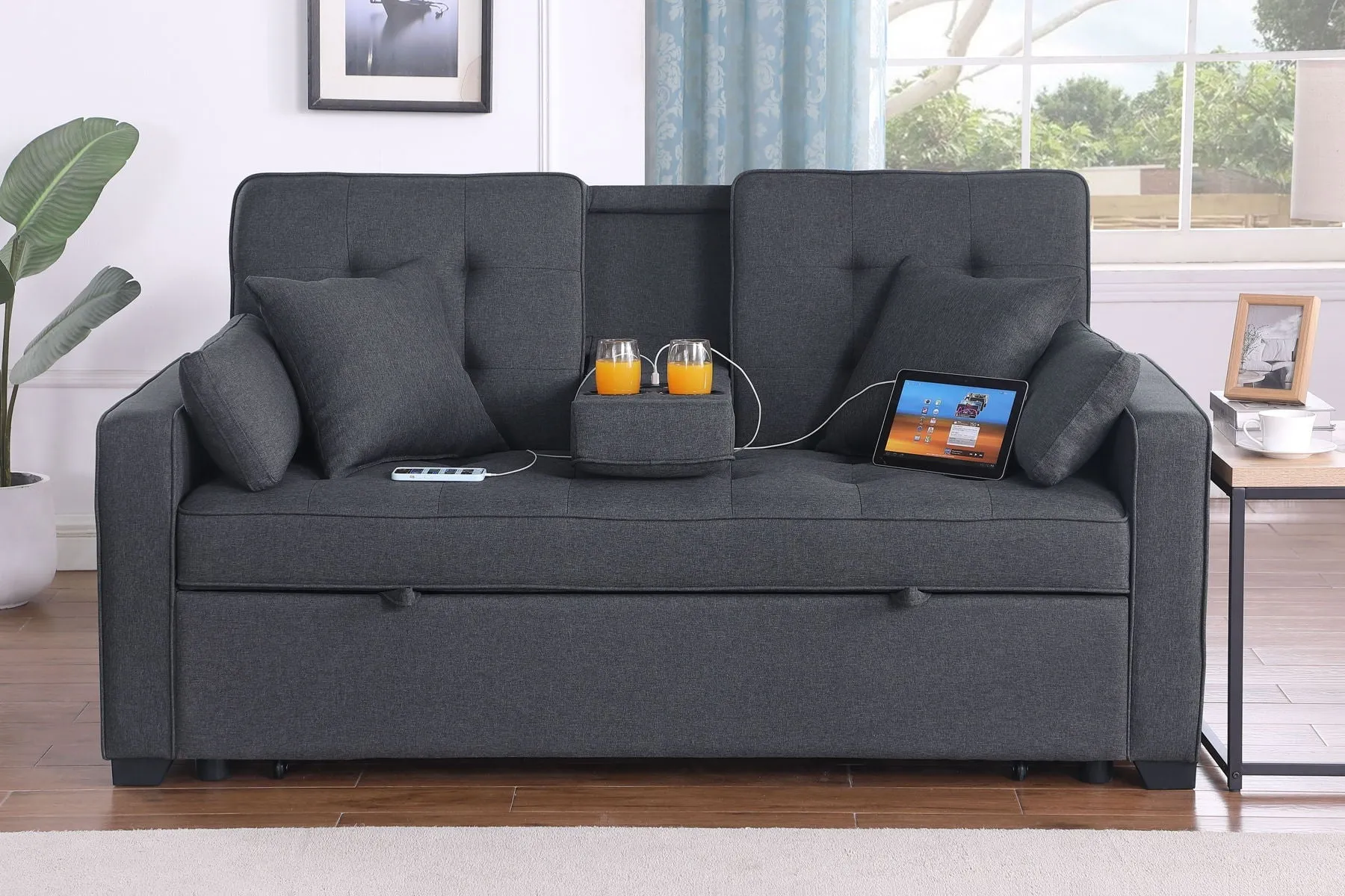 Cody II - Convertible Sleeper Loveseat With Cup Holder, Charging Ports and Pocket - Dark Gray by Couch.com