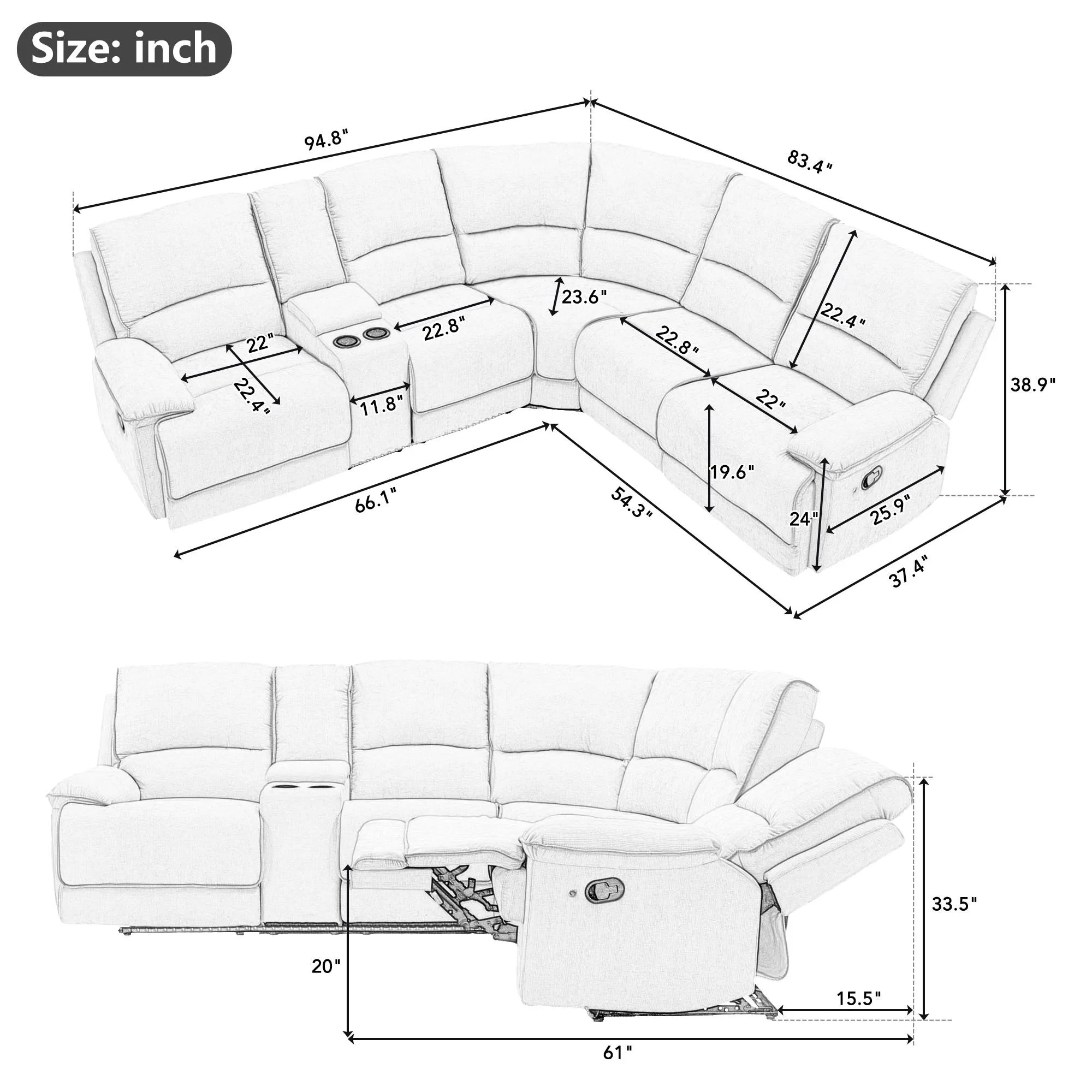 Couch.com Modern Manual Reclining Living Room Furniture Set With USB Ports, Hidden Storage, Led Light Strip And 2 Cup Holders Cream, with Storage, Modern Style, Fabric Construction, Beige Finish by Couch.com
