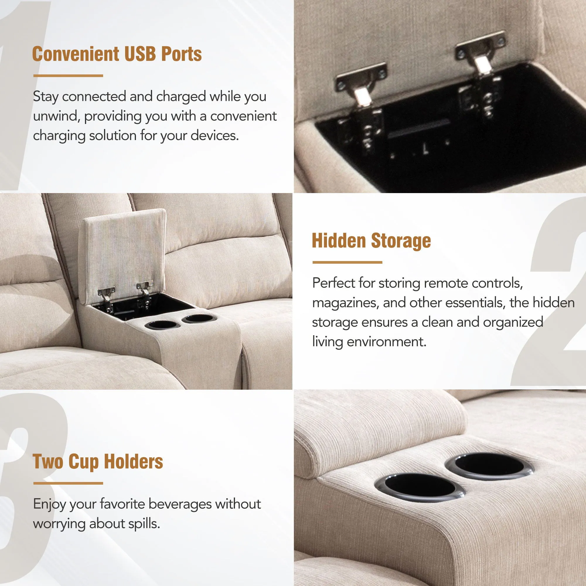 Couch.com Modern Manual Reclining Living Room Furniture Set With USB Ports, Hidden Storage, Led Light Strip And 2 Cup Holders Cream, with Storage, Modern Style, Fabric Construction, Beige Finish by Couch.com