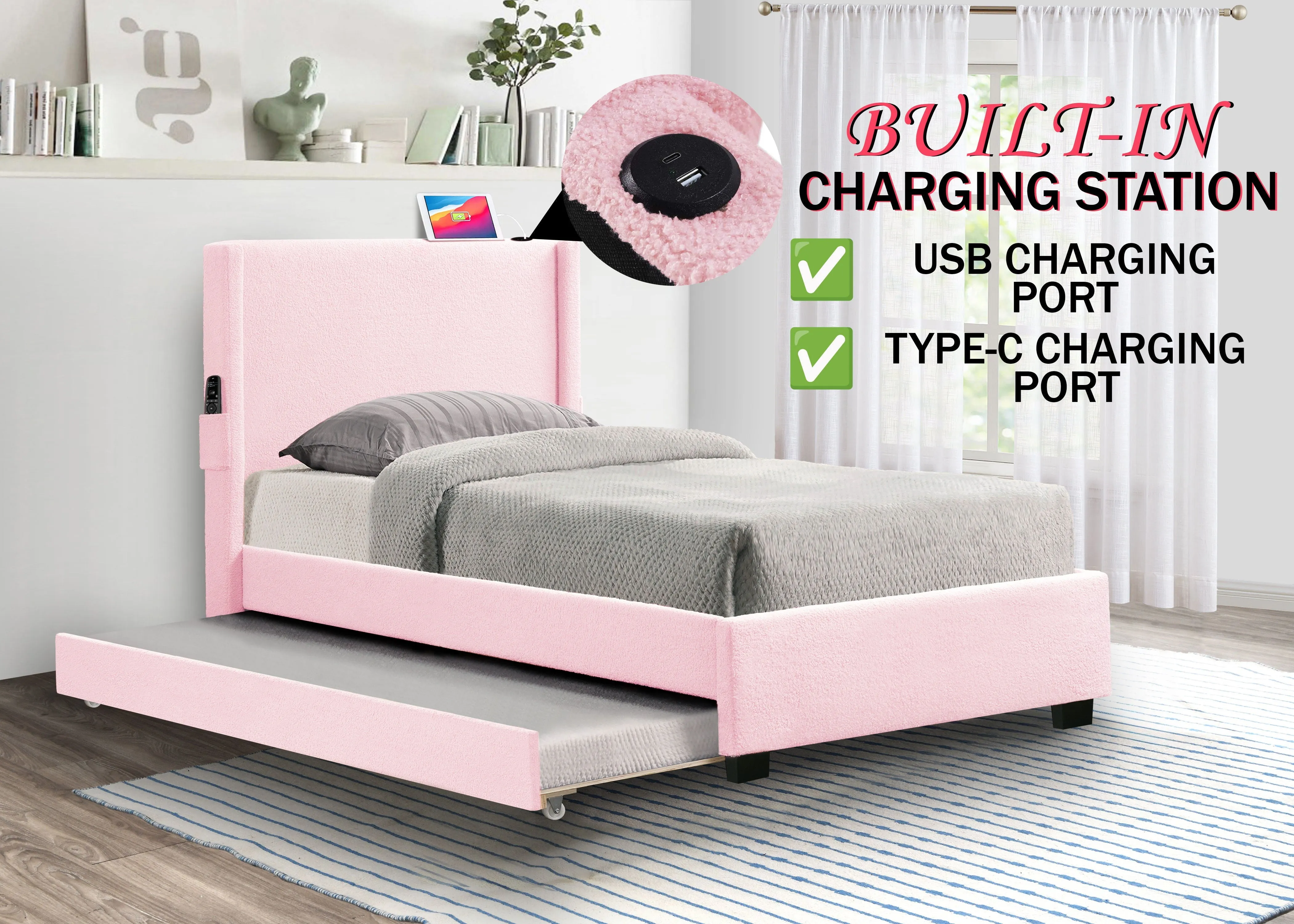 Couch.com Twin Size Upholstered Bed Frame With Trundle Bed, Teddy Fabric, USB Functionality, And A Pocket Design On The Side Of The Headboard For Storing Small Items Baby Pink, with Storage by Couch.com