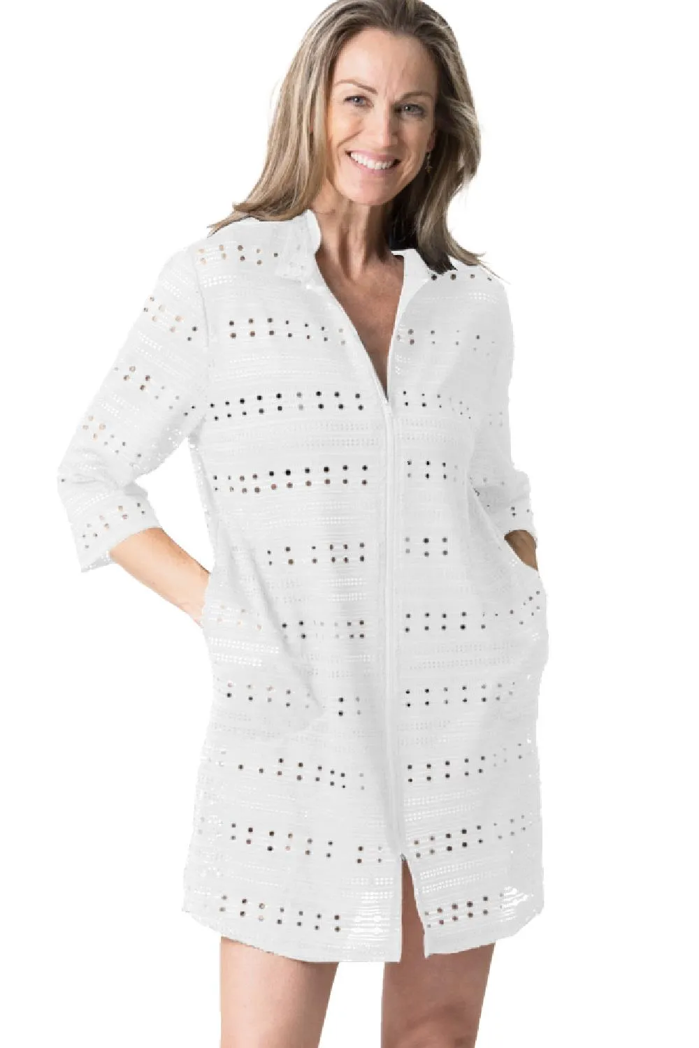 Cover Me Eden Rock 3/4 Sleeves Zipper Swim Cover-Up 24057118 White