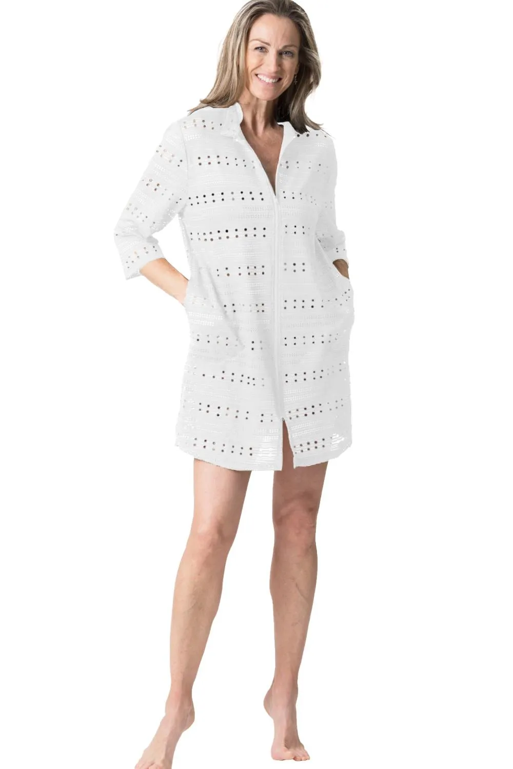 Cover Me Eden Rock 3/4 Sleeves Zipper Swim Cover-Up 24057118 White