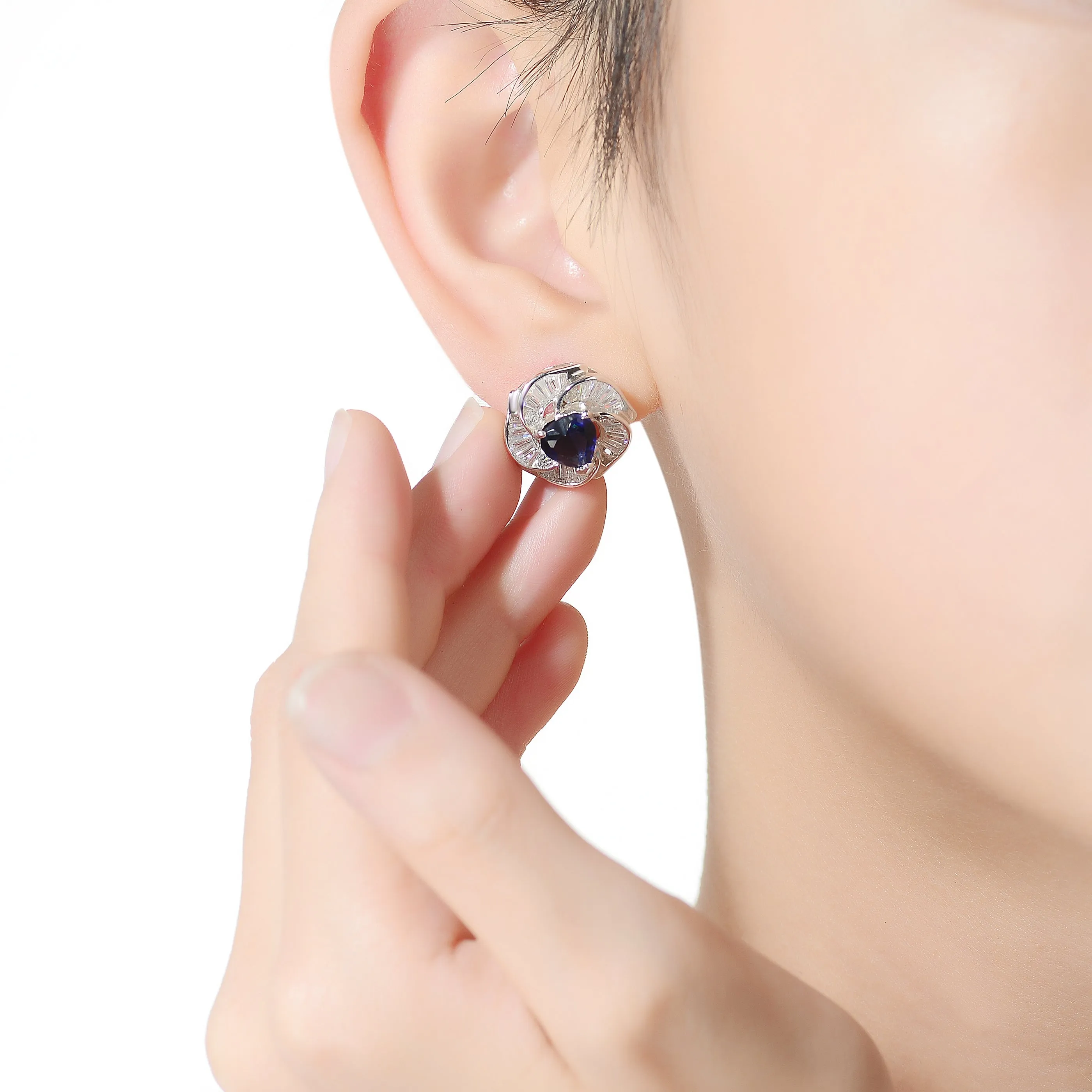 Cubic Zirconia Rhodium Plated Heart Shape Blue Solatire Flower Stud Earrings