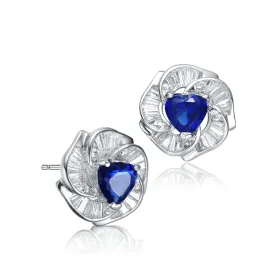 Cubic Zirconia Rhodium Plated Heart Shape Blue Solatire Flower Stud Earrings