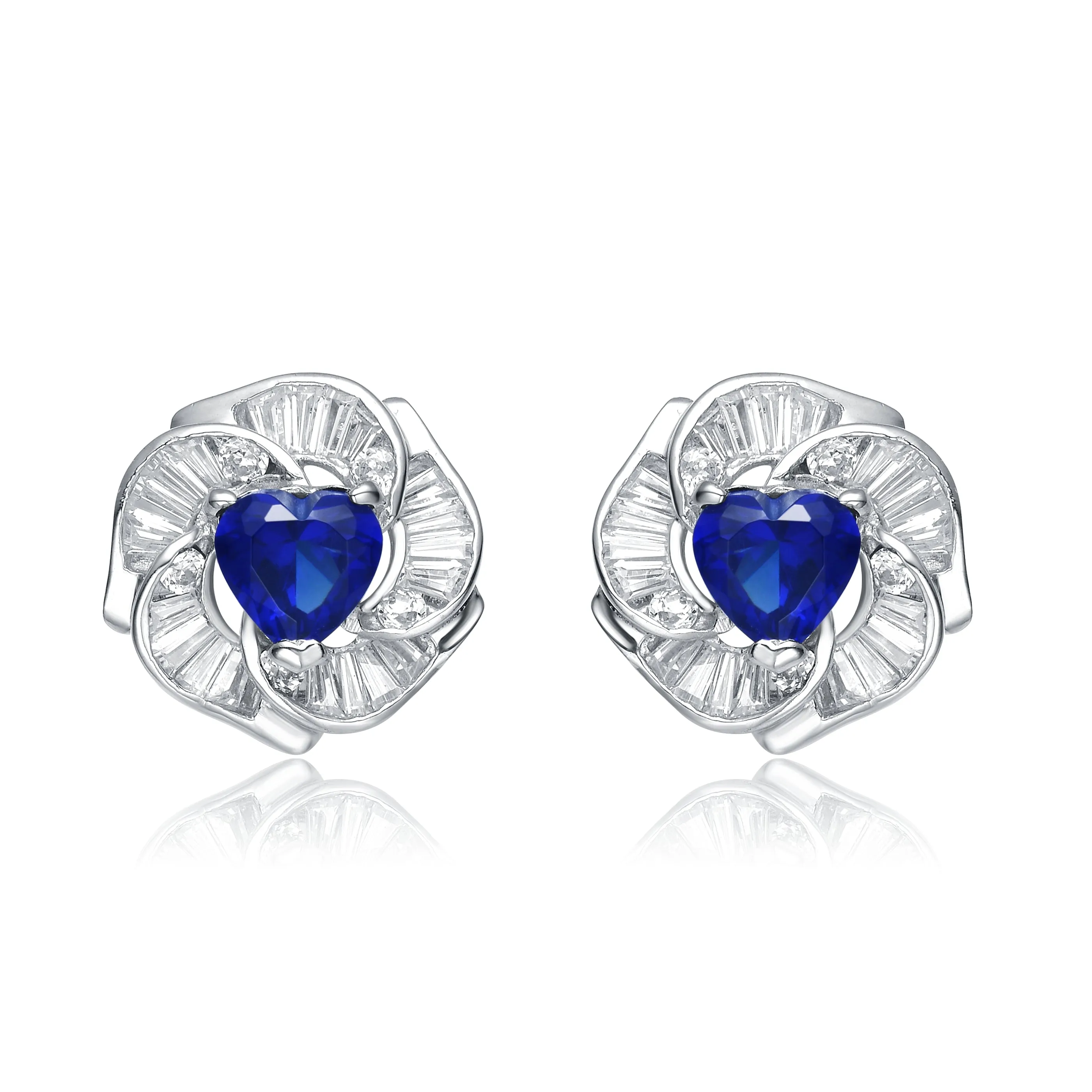 Cubic Zirconia Rhodium Plated Heart Shape Blue Solatire Flower Stud Earrings