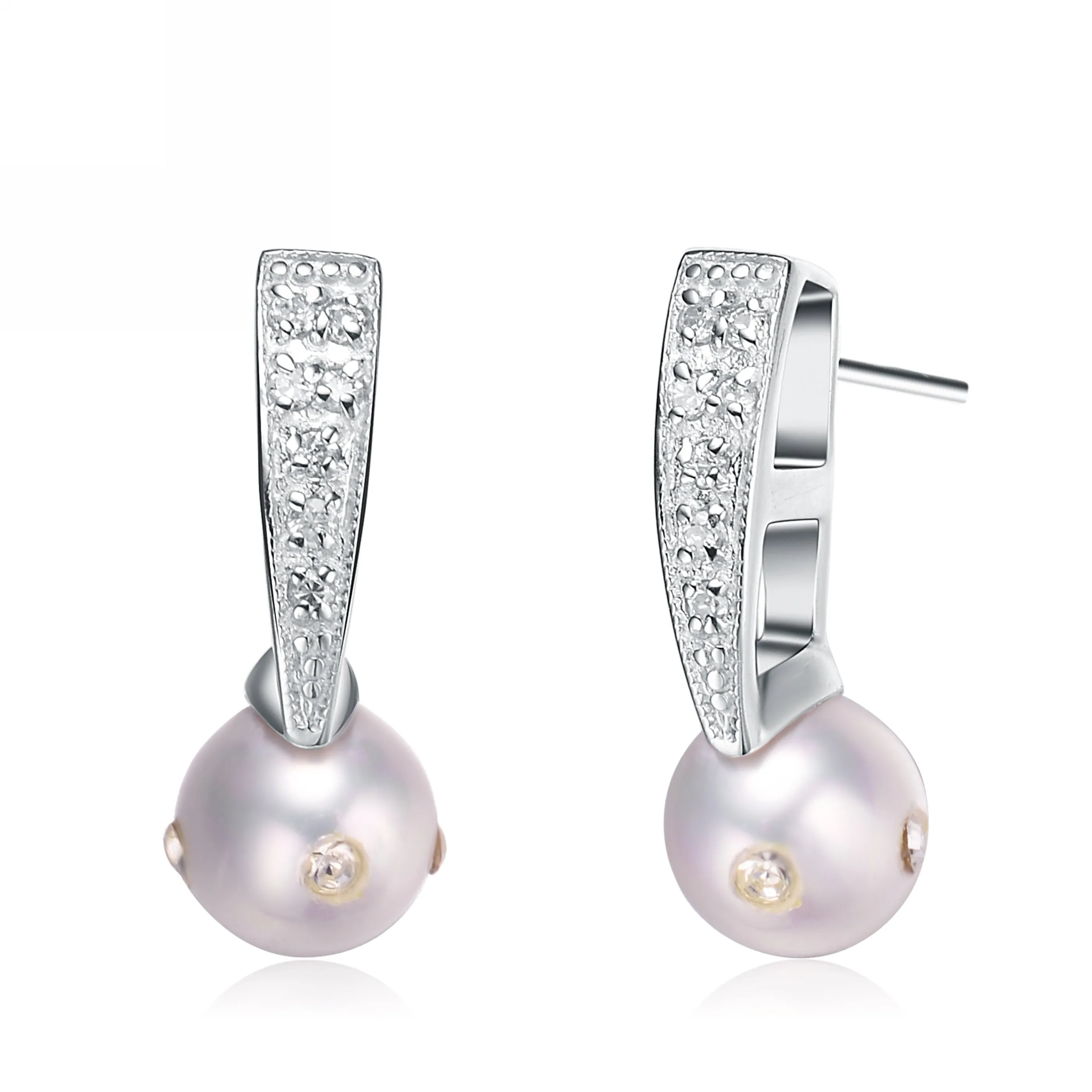 C.Z. Sterling Silver Rhodium Plated Pearl Drop Earrings