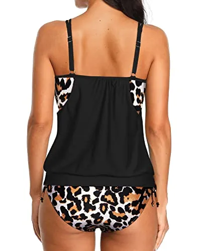 Deep Cut Sides Blouson Tankini 2 Piece Tankini Set-Black And Leopard