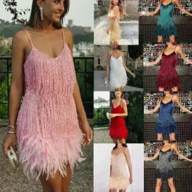 Elegant Chic Spaghetti Strap Luxury Tassel Sequins Feather Women’s Mini Dress for Evening Party, Cocktail Wedding Guest.