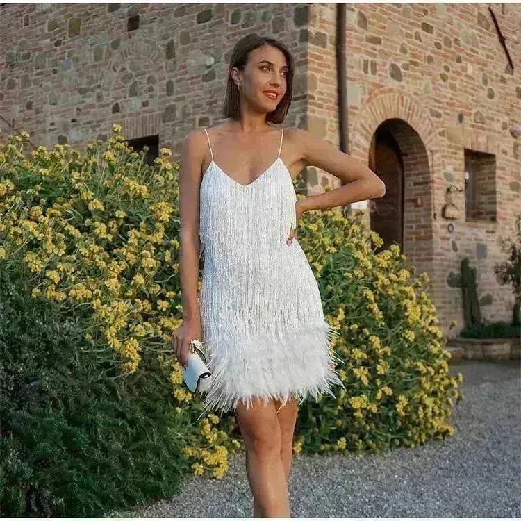 Elegant Chic Spaghetti Strap Luxury Tassel Sequins Feather Women’s Mini Dress for Evening Party, Cocktail Wedding Guest.