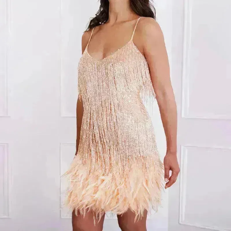 Elegant Chic Spaghetti Strap Luxury Tassel Sequins Feather Women’s Mini Dress for Evening Party, Cocktail Wedding Guest.