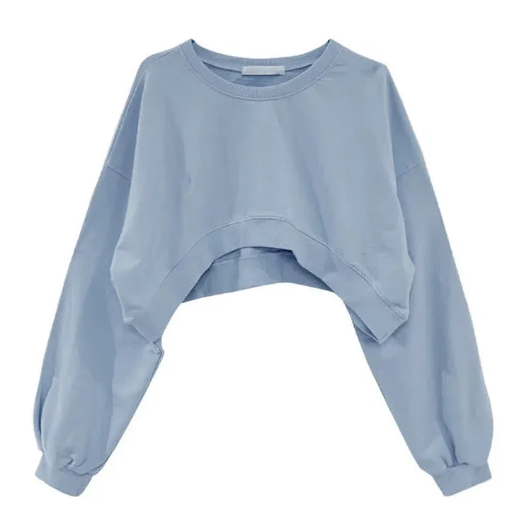 Elevate Everyday Comfort: Pure Color Round Neck Crop Sweatshirt - Your Stylish Companion in Cozy Moments! 💙👕