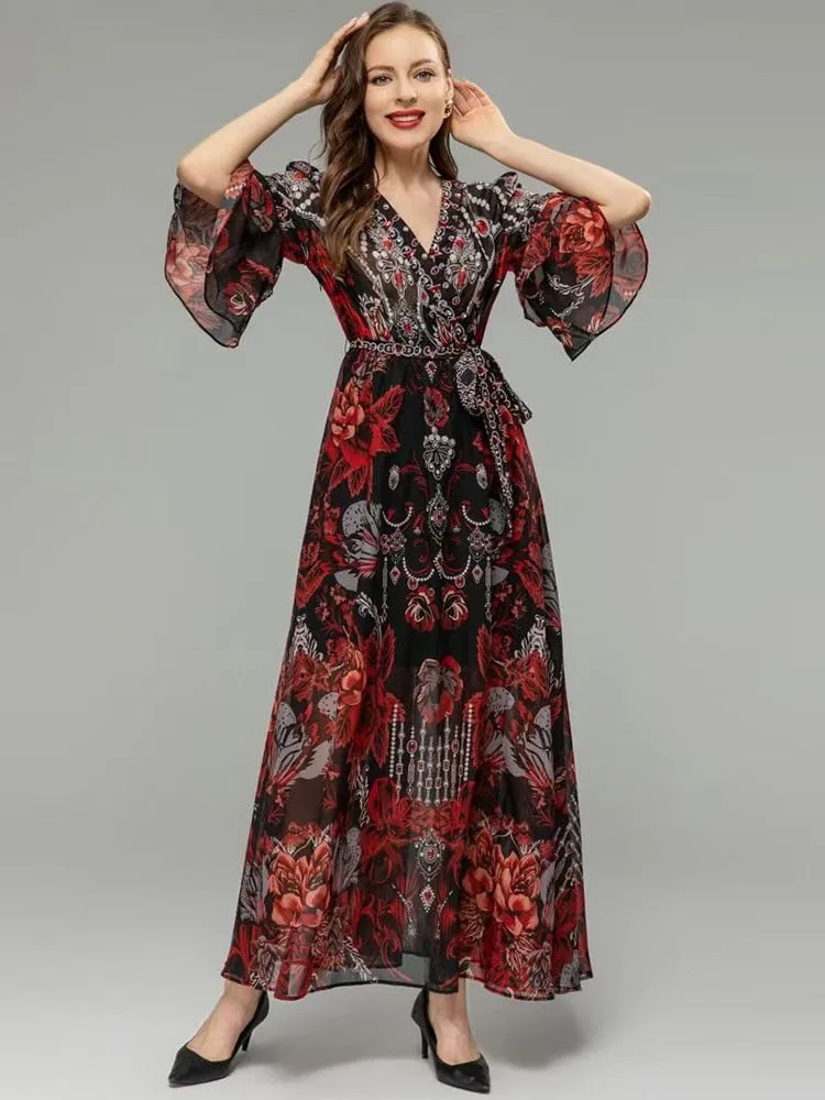 Flare Sleeve Belted Formal Party Dress