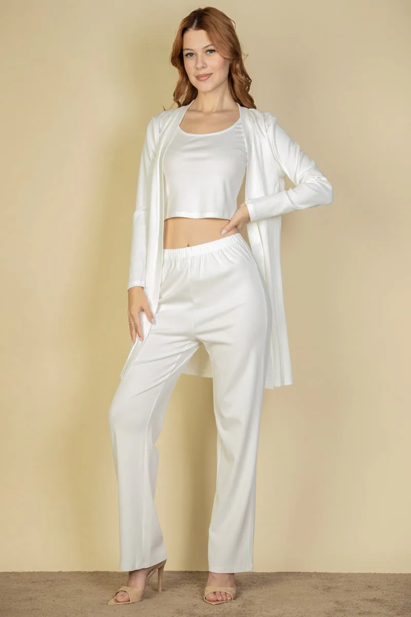 Flat Back Rib 3 Pieces Cami Top with Pants and Long Cardigan Set (CAPELLA)