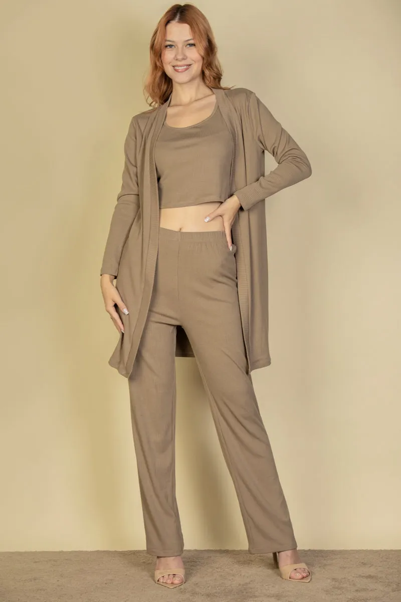 Flat Back Rib 3 Pieces Cami Top with Pants and Long Cardigan Set (CAPELLA)