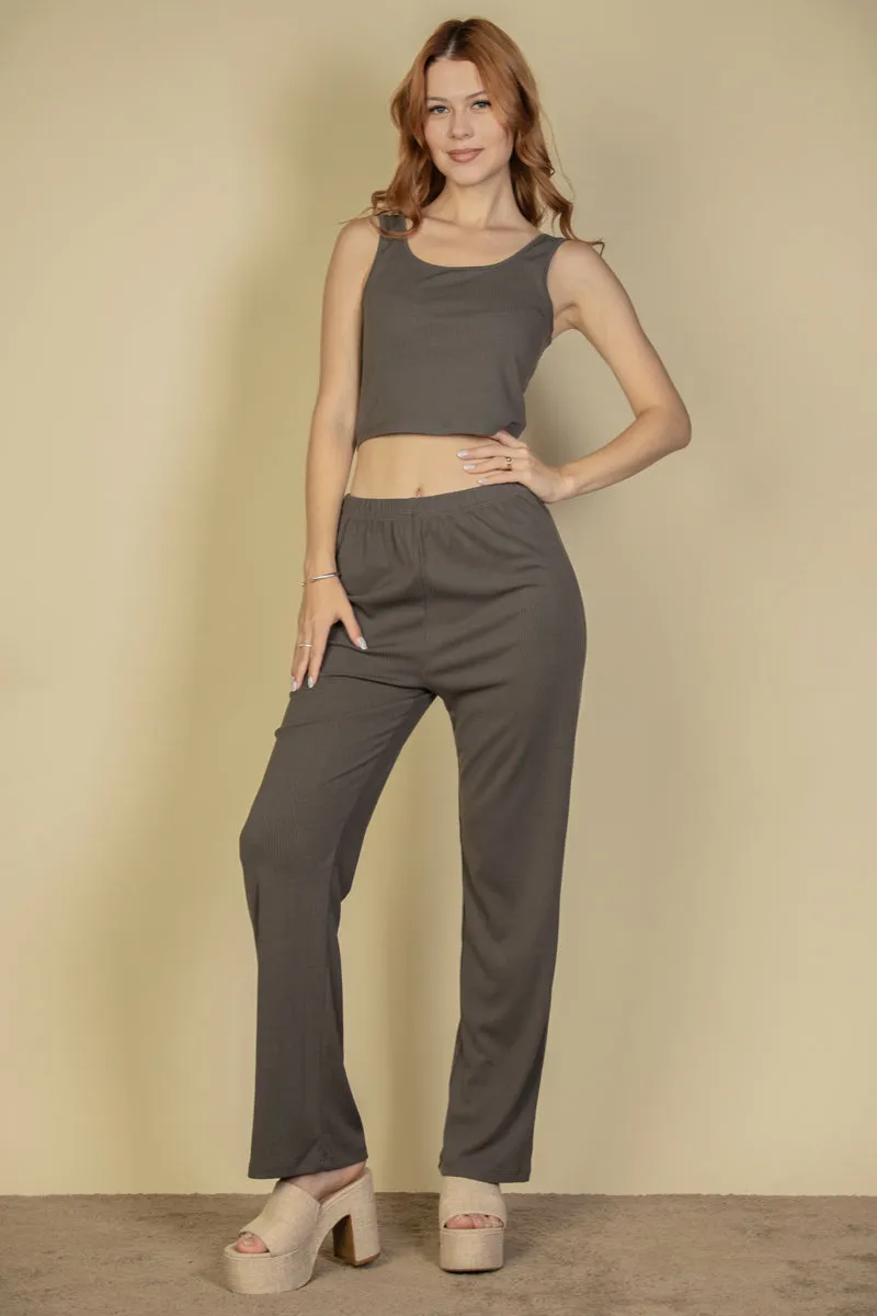 Flat Back Rib 3 Pieces Cami Top with Pants and Long Cardigan Set (CAPELLA)