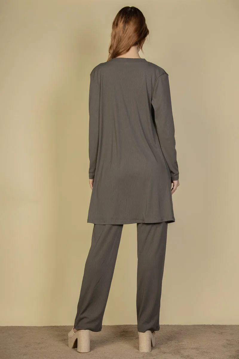 Flat Back Rib 3 Pieces Cami Top with Pants and Long Cardigan Set (CAPELLA)
