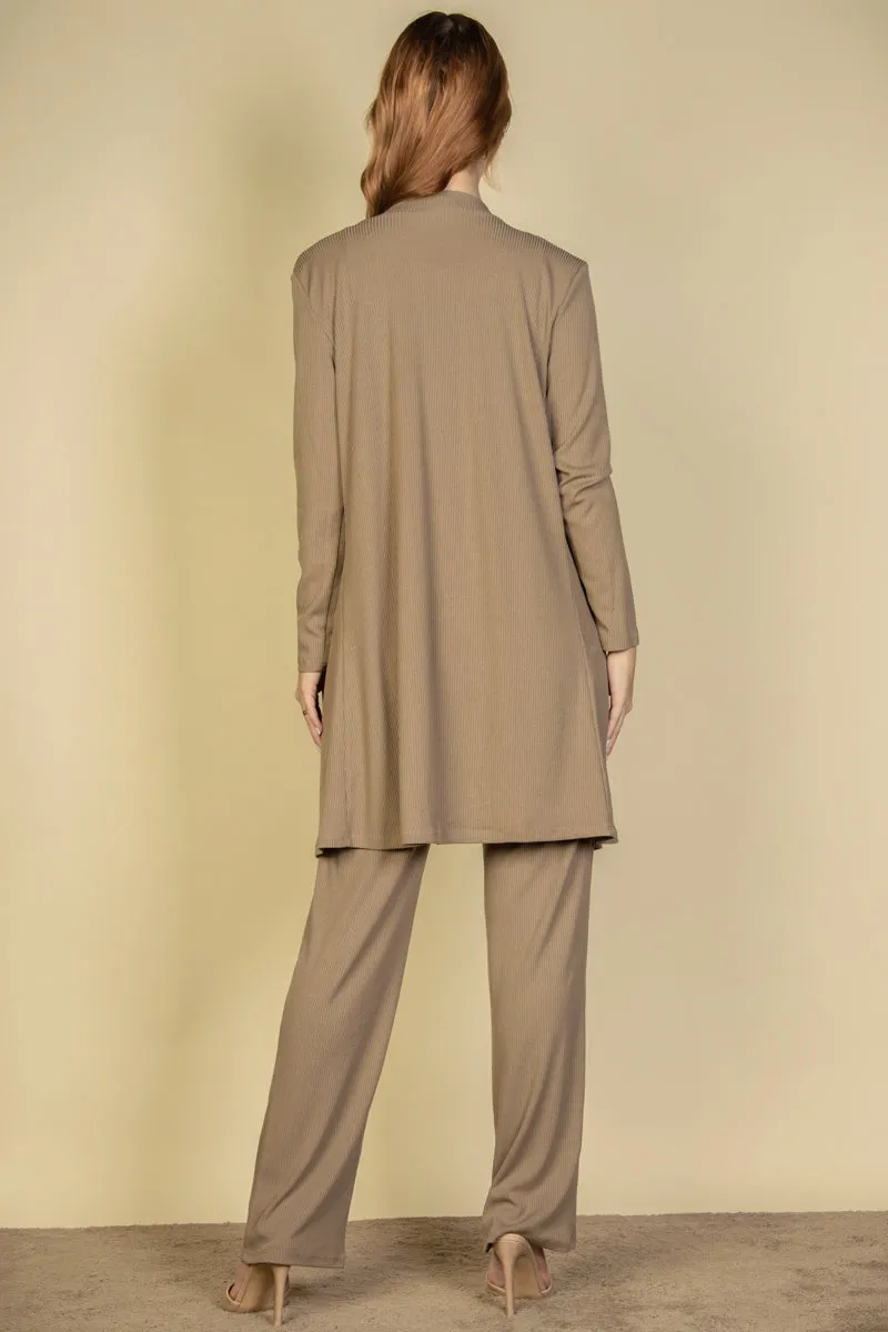 Flat Back Rib 3 Pieces Cami Top with Pants and Long Cardigan Set (CAPELLA)