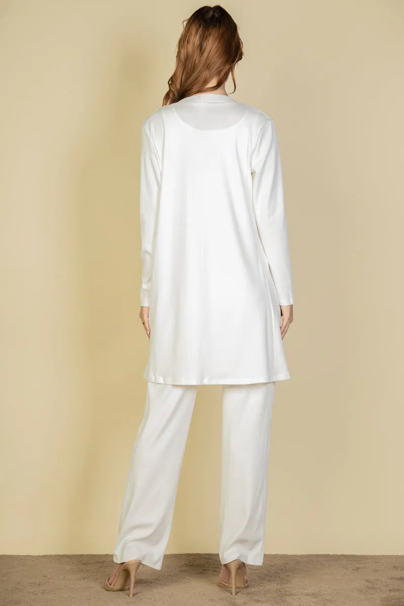 Flat Back Rib 3 Pieces Cami Top with Pants and Long Cardigan Set (CAPELLA)
