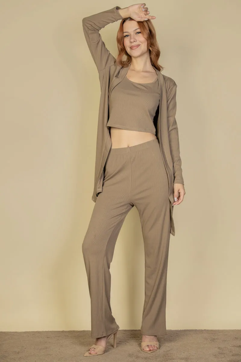 Flat Back Rib 3 Pieces Cami Top with Pants and Long Cardigan Set (CAPELLA)