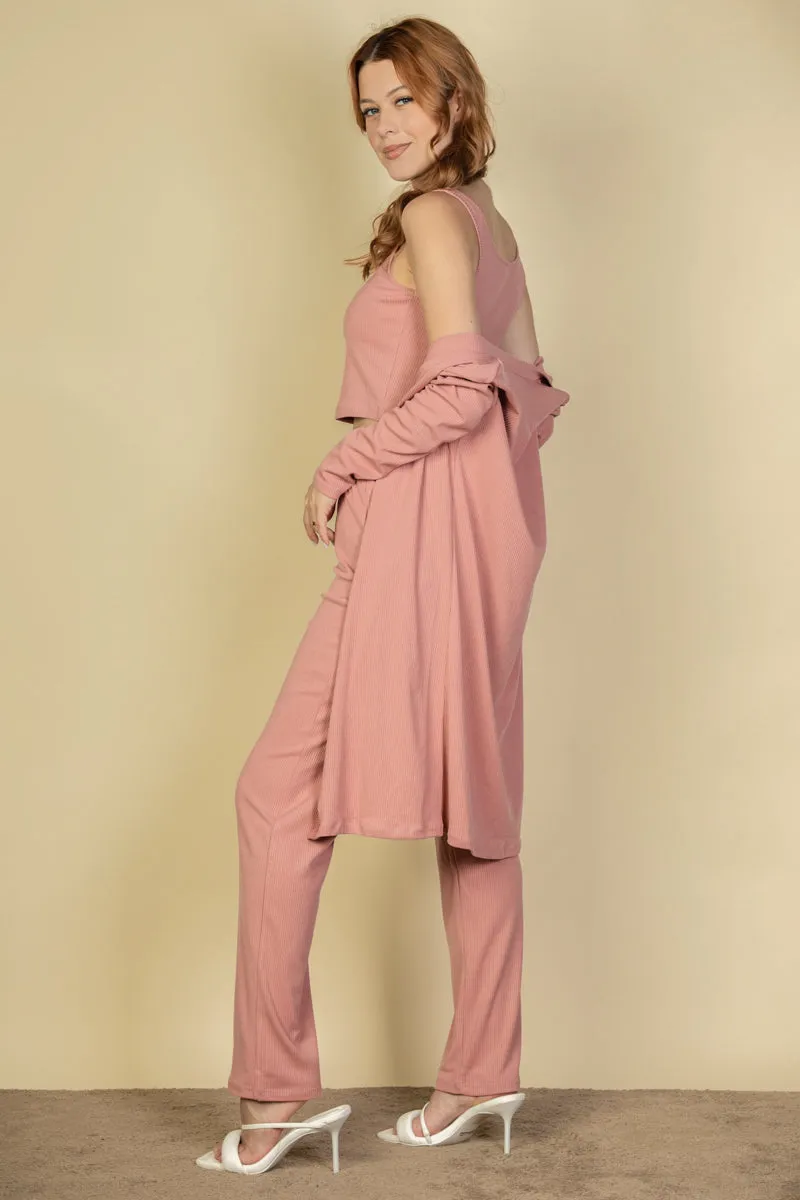 Flat Back Rib 3 Pieces Cami Top with Pants and Long Cardigan Set (CAPELLA)