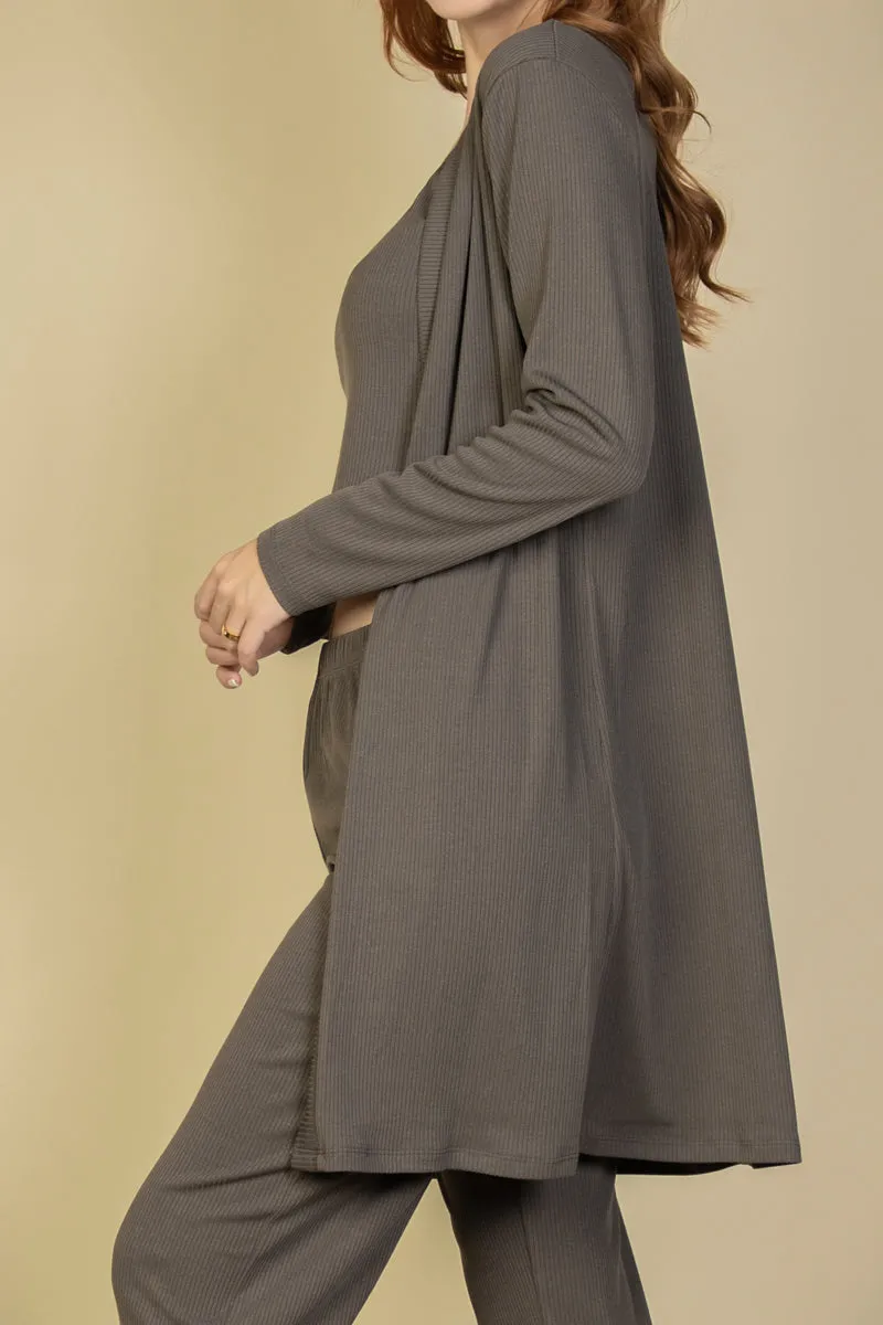 Flat Back Rib 3 Pieces Cami Top with Pants and Long Cardigan Set (CAPELLA)