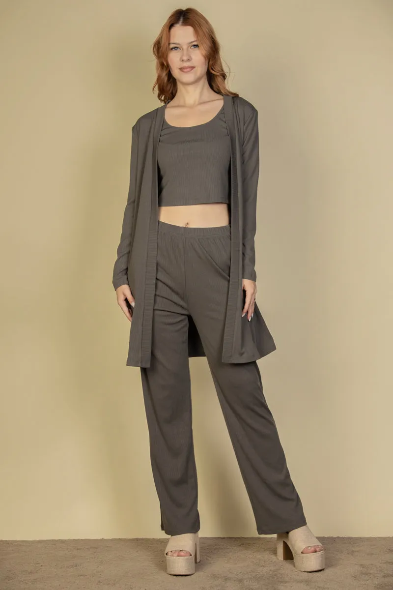 Flat Back Rib 3 Pieces Cami Top with Pants and Long Cardigan Set (CAPELLA)