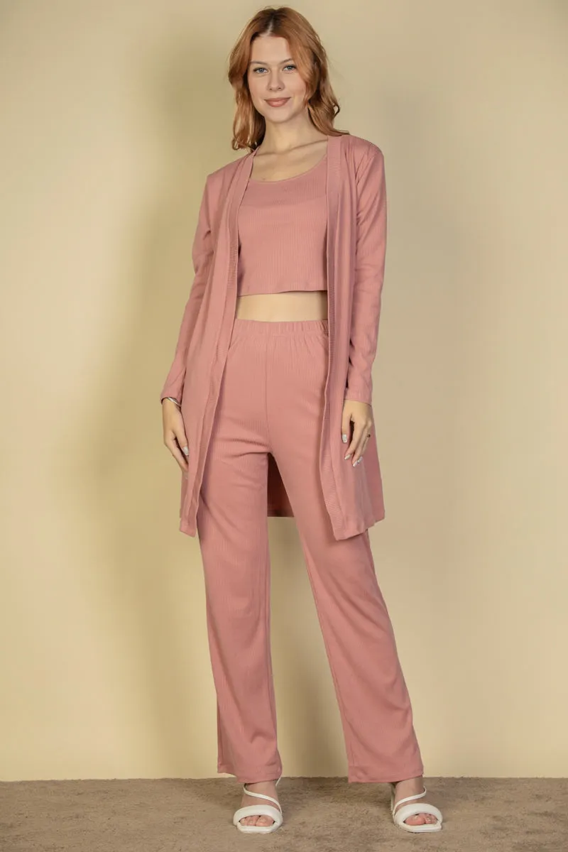 Flat Back Rib 3 Pieces Cami Top with Pants and Long Cardigan Set (CAPELLA)