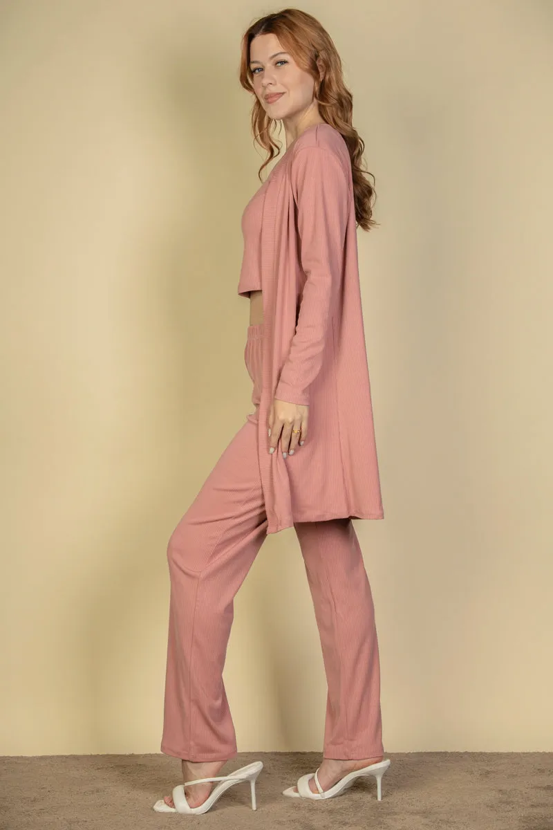 Flat Back Rib 3 Pieces Cami Top with Pants and Long Cardigan Set (CAPELLA)