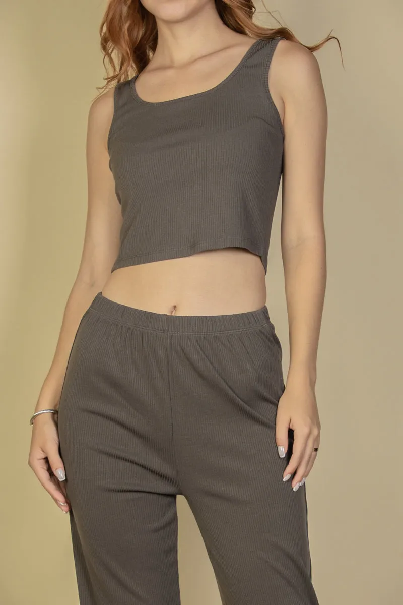 Flat Back Rib 3 Pieces Cami Top with Pants and Long Cardigan Set (CAPELLA)