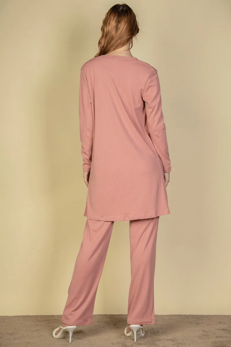 Flat Back Rib 3 Pieces Cami Top with Pants and Long Cardigan Set (CAPELLA)
