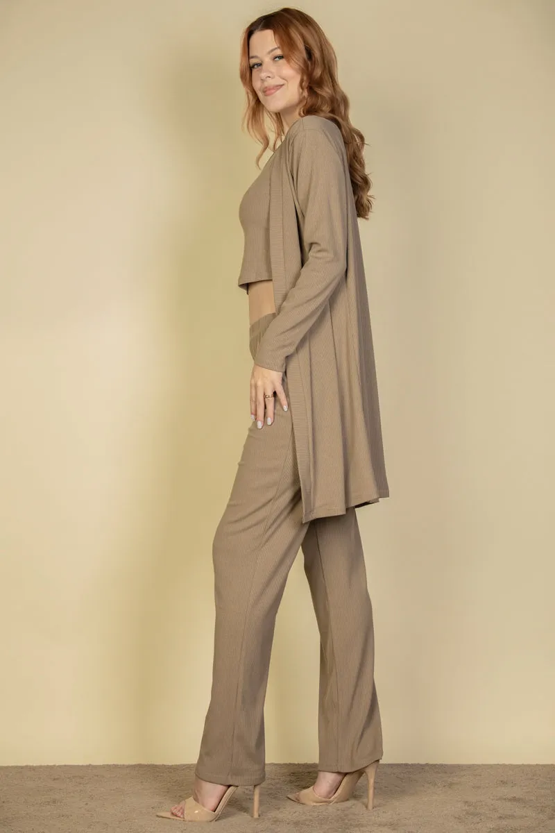 Flat Back Rib 3 Pieces Cami Top with Pants and Long Cardigan Set (CAPELLA)
