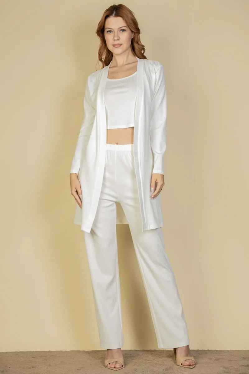 Flat Back Rib 3 Pieces Cami Top with Pants and Long Cardigan Set (CAPELLA)